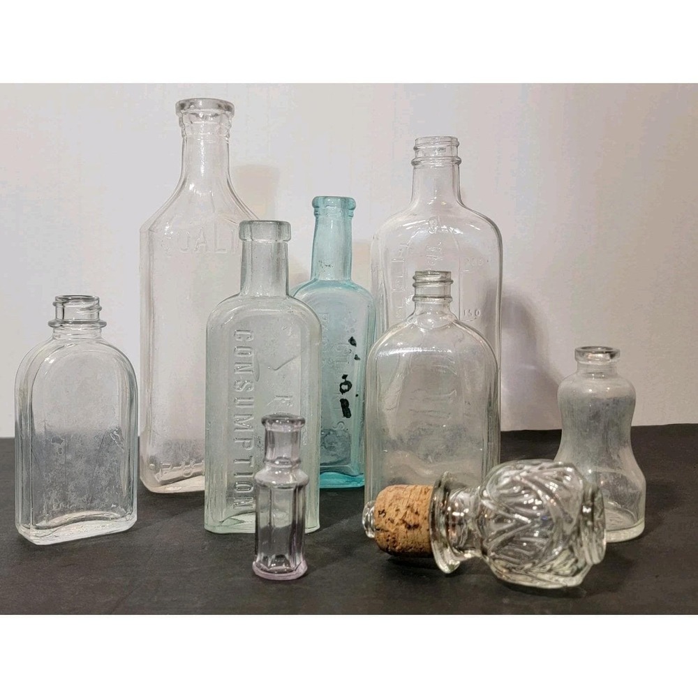 VTG Lot 8 - Glass Medicine, Elixir Bottles Purple, Blue, Gilberts, Rexall Lotion